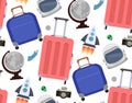 Seamless pattern with travelers suitcases, astronauts helmet, globe of the moon, rocket. Space tourism.