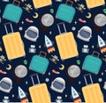 Seamless pattern with travelers suitcases, astronauts helmet, globe of the moon, rocket. Space tourism