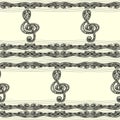 Seamless pattern with Treble clef notes musical stanza in Zen-tangle style black on white Royalty Free Stock Photo