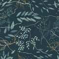 Seamless pattern of tree branches, leaves in line art. Abstract leaf, brush, splash of paint. Decorative plant, grunge texture. Royalty Free Stock Photo