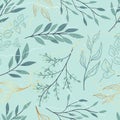 Seamless pattern of tree branches, leaves in line art. Abstract leaf, brush, splash of paint. Decorative plant, grunge texture. Royalty Free Stock Photo