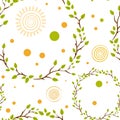 Seamless pattern with tree branches wreaths and sun symbols