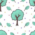 A seamless pattern with tree, leaves and colorful circles,spring leaf background Royalty Free Stock Photo