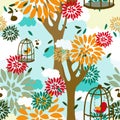 Seamless pattern with trees, birds in cage and floral ornament Royalty Free Stock Photo