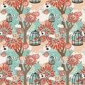 Seamless pattern with trees, birds in cage and floral ornament Royalty Free Stock Photo