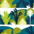 Seamless pattern. Trees are broad-leaved tropical, ferns. Mountain landscape. Flat style. Preservation of the environment. Royalty Free Stock Photo