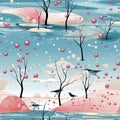 Seamless pattern of trees with bubbles in the snow and brightly colored birds (tiled)