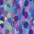 Seamless pattern with trees and house, violet colors