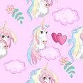 Seamless pattern with trendy cartoon patches. Unicorns, rainbows and hearts
