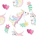 Seamless pattern with trendy cartoon patches. Unicorns, rainbows and hearts