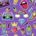 Seamless pattern with trendy patch badges with lips, tape recorder, cosmetics and other elements. Royalty Free Stock Photo