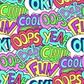 Seamless pattern, trendy retro cool comic style. 90s Pop colorhand drawn colorful lettering. Doodle style background