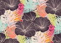 Seamless pattern with trendy tropical summer motifs, exotic flowers, leaves and plants. Green, blue, pink, brown colors