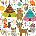 Seamless pattern with tribal animals and elements