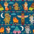 Seamless pattern with tribal animals night