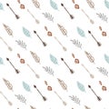 Seamless pattern with tribal arrows, feathers and spring branches. Hand drawn vector illustration. Boho background. Perfect for f Royalty Free Stock Photo