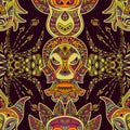 Seamless pattern with tribal mask and aztec geometric latin American ornament. Colorful hand drawn vector Royalty Free Stock Photo