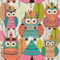 Seamless pattern with tribal owls