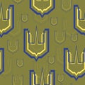 Seamless pattern. Trident emblem on the shield. Symbol of the army of Ukraine. Military insignia
