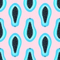 Seamless pattern with tropical abstract blue fruits. Healthy dessert. Fruity background. Carica papaya. Exotic food