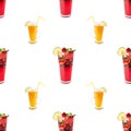 Seamless pattern with tropical alcohol cocktails. Beverages and drinks bar, restaurant, isolated white background Royalty Free Stock Photo