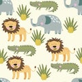 Seamless pattern with tropical animals lion, crocodile, elephant