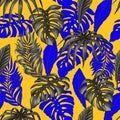 Seamless pattern with tropical banana, palm and monstera leaves for fabric design