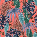 Seamless pattern with tropical banana, palm and monstera leaves for fabric design on living coral background.