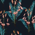 Seamless pattern with tropical bananas leaves.Palm leaves and lilies on the black background. Royalty Free Stock Photo