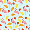 Seamless pattern with tropical bird flamingos, leaves and fruits. Texture with a bird for textiles, wallpaper, print Royalty Free Stock Photo