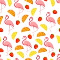 Seamless pattern with tropical bird flamingos, leaves and fruits. Texture with a bird for textiles, wallpaper, print Royalty Free Stock Photo