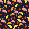 Seamless pattern with tropical bird flamingos, leaves and fruits. Texture with a bird for textiles, wallpaper, print