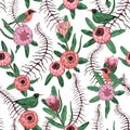 Seamless pattern with tropical birds, liana, protea flowers and leaves. Exotic botanical background.