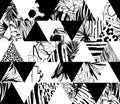 Seamless pattern Tropical birds, palms, flowers, triangles. Grunge ink style.