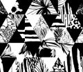 Seamless pattern Tropical birds, palms, flowers, triangles. Grunge ink style. Royalty Free Stock Photo