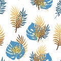 Seamless pattern with tropical blue and golden leaves