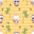 Seamless pattern with tropical bunny boy beachgoer with cocktail on yellow background with palm trees. Cute kawaii Royalty Free Stock Photo