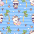 Seamless pattern with tropical bunny boy beachgoer and girl with cocktail swims on rubber circle on blue background th