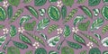 Seamless pattern with tropical Calathea, Pothos and Monstera plant leaves and flowers on purple background