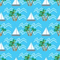 Seamless pattern tropical coconut palm trees and waves