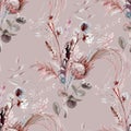 Seamless pattern with tropical dry flowers in boho style painted in watercolor