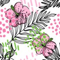 Seamless pattern of tropical elements, hand-drawn sketch-style elements. Strelicia flower, palm leaves, lotus leaves and