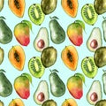 Seamless pattern with tropical exotic fruits. avocado, mango and kiwi slice