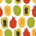 Seamless pattern with tropical exotic fruits, mango, papaya, durian, carambola, vector drawn background.