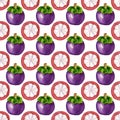 Seamless pattern with tropical exotic fruits. mangosteen slice on white background