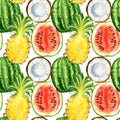 Seamless pattern with tropical exotic fruits. Pineapple, watermelon and coconut slice