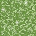 Seamless pattern Tropical fishes, seashell lineart style. Cute funny underwater characters