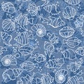 Seamless pattern Tropical fishes, shells lineart style. Cute funny underwater characters