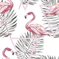 Seamless pattern with tropical Flamingo and leaves. Element for design of invitations, movie posters, fabrics and other Royalty Free Stock Photo