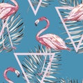 Seamless pattern with tropical Flamingo and leaves. Element for design of invitations, movie posters, fabrics and other Royalty Free Stock Photo